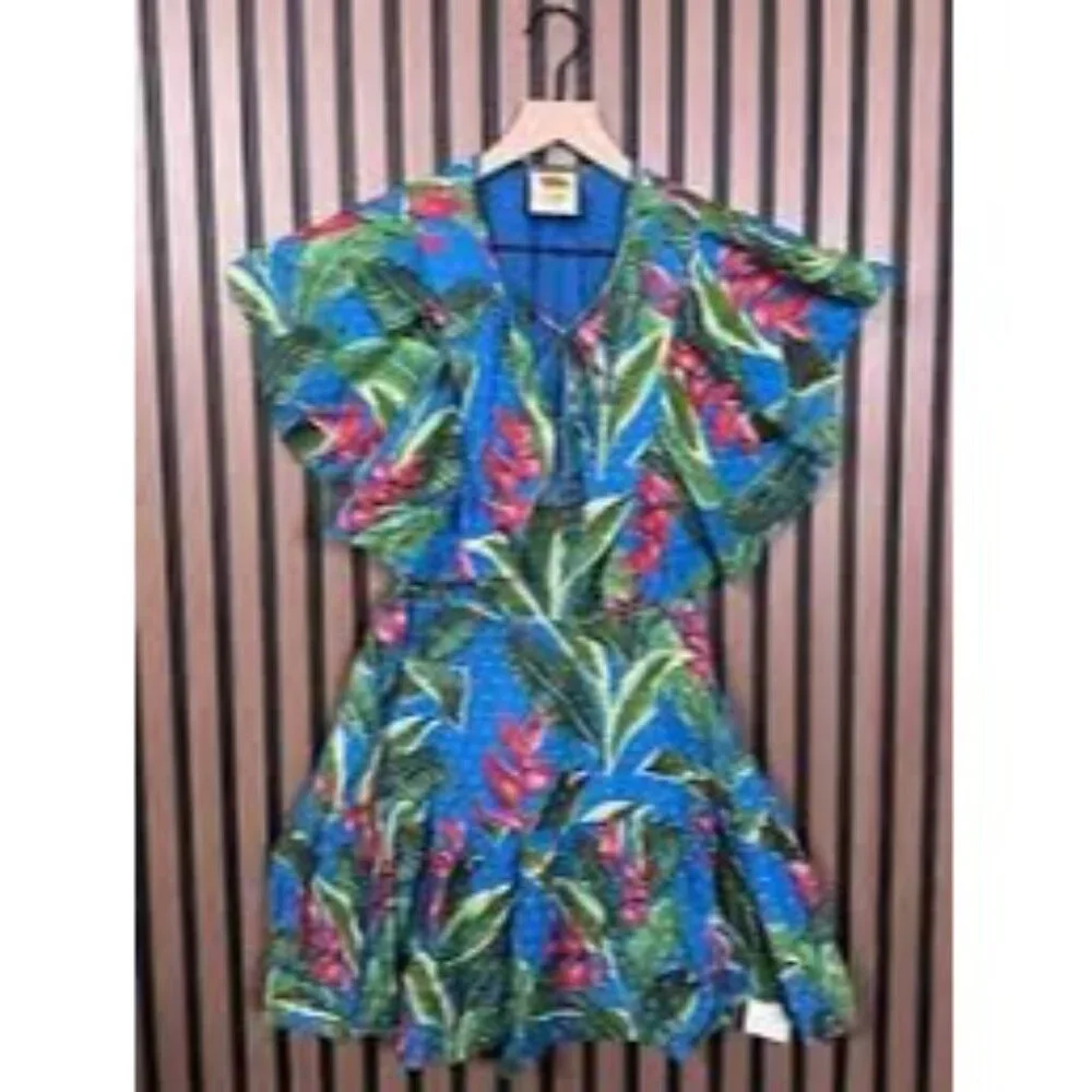 Farm Rio Dream Garden Floral Mini Lined Dress Swiss Dot Beaded Tassles, Sz XS - Picture 2 of 12